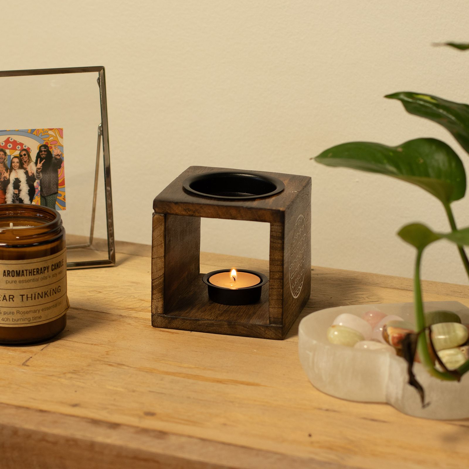 Quemador de aceite de madera de mango cuadrado - Flor de la Vida - Imagen 5