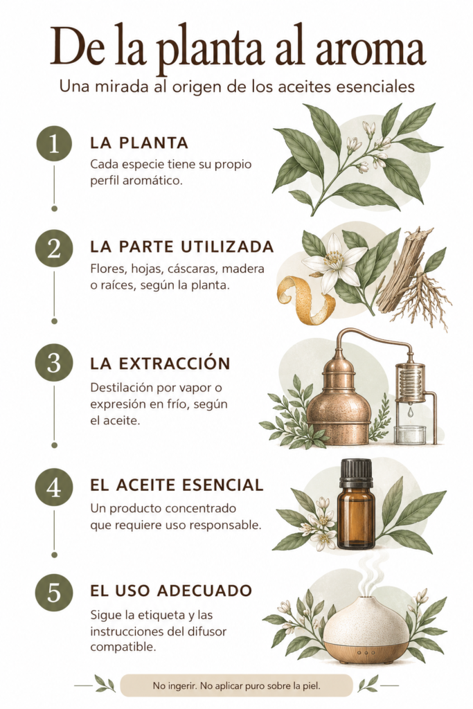 Infografía: de la planta al aroma, cinco etapas desde el origen botánico hasta el uso responsable del aceite esencial.