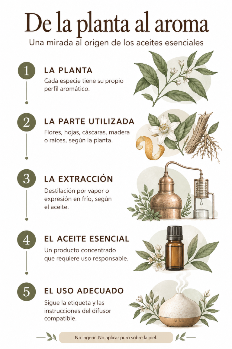 Infografía: de la planta al aroma, cinco etapas desde el origen botánico hasta el uso responsable del aceite esencial.